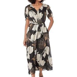 Anne Klein Metallic Floral Puff Sleeve Midi Dress Small black gold NWT new
